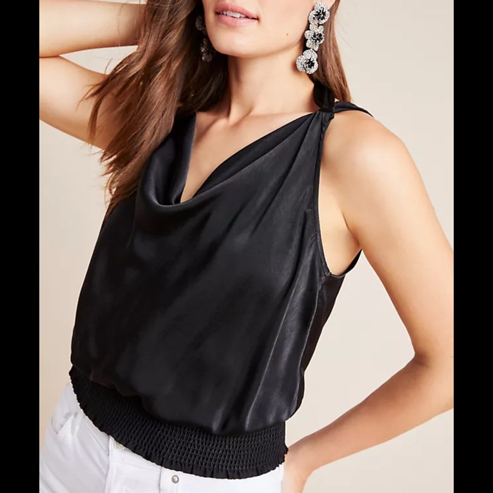 Maeve Black Satin Cowl-Neck Blouse with Smocked Hem